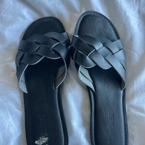Black Braided Slip-On Sandals with Flat Sole